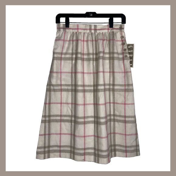 NWT Plaid A-Line Skirt Beige Pink Check Made in USA Size 10 Dead Stock 80s - Picture 1 of 14